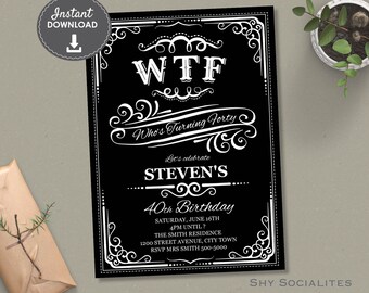 WTF Whiskey Label 40th Birthday Invitation | Funny Birthday, Adult Birthday | Instant Download TEMPLATE | Editable Text PDF