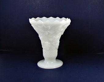 Vintage MILKGLASS VASE Flared Grape & Leaf Anchor Hocking Paneled Leaves Milk Glass