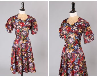 Vintage Late 1940s Floral Dress Size M/UK10-12/US6-8