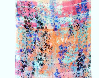 Vintage Silky Scarf Shawl Wrap by CALVIN KLEIN Wisteria Blossoms Blues and Purples on Soft Oranges and Pinks Like New Excellent Condition