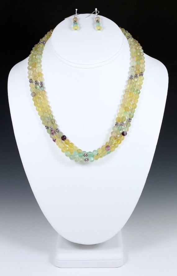 Triple-Strand Rainbow Fluorite Necklace and Earrings, Fluorite Necklace, Pastel Necklace