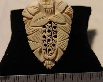 Vintage Carved Bone Flower Shield Clip/Pin