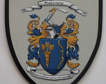 Coat of Arms plaque, hand painted family crest shields on 9 x 10 wood wall plaques