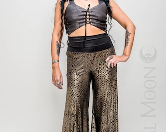 NEW: The Crescent Flare Harem Pants in Black with Gold Print or Solid Black by Opal Moon Designs (Size XS-XL)