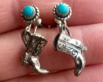 Turquoise Cowboy Boot Earrings Sterling Silver Southwestern Jewelry