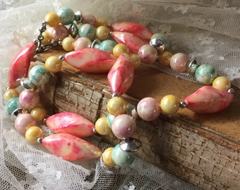 Fresh Garden Colours Lucite Bead Necklace Unsigned 1960’s 1970’s Single Strand Simple Design Pink Yellow Red Green Silver Tone Beads Metal
