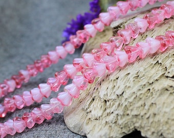 Czech Glass Flower Beads, 30 pcs Glass Floral Beads, Pink Flower Beads 4x6 mm, Bell Flower Beads