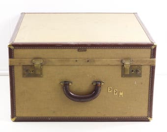 Vintage suitcase, Hartmann Skymate, 1930s luggage, honeymoon travel suitcase, pink lined tan suitcase, decorative storage, stackable storage