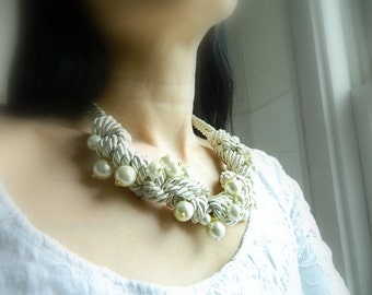 White Rope Necklace Pearl Macrame Knot Necklace Contemporary jewelry Bib Necklace Nautical wedding gift for her bride Chunky necklace beaded