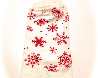 Red Snowflake Hand Towel With White Crocheted Top