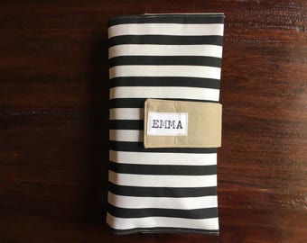 Diaper Clutch, Nappy Wallet, Black and White Striped Canvas, Personalized, Monogram, Baby Shower Gift, Custom Baby Gift