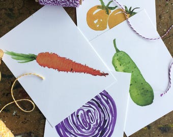 Vegetable Postcards, watercolor postcards, vegetable art