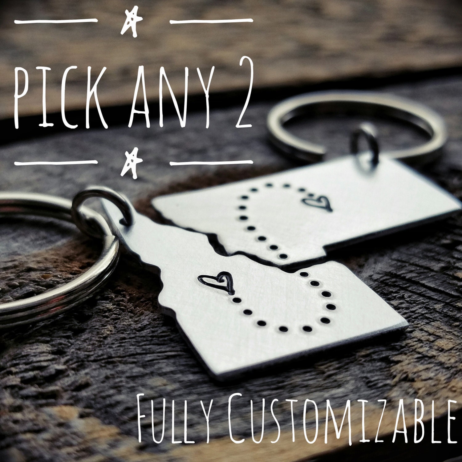 Pick ANY 2 State Keychain Set personalized hand stamped gift