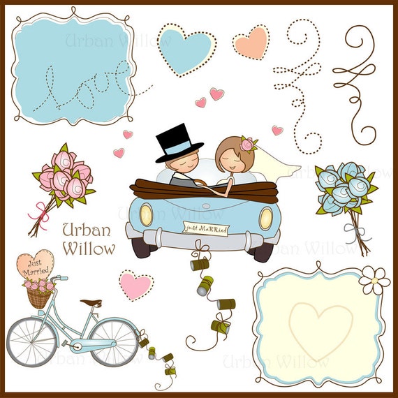 Just Married Clipart. Clip Art Wedding Car. Clip Art Vintage