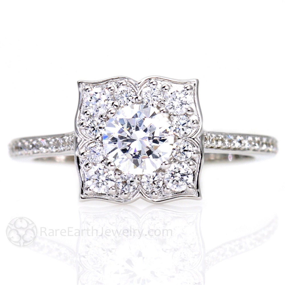 Art Deco White Sapphire Engagement Ring Diamond Halo 14K White