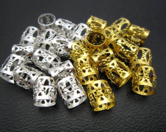 30-100pcs small gold and silver dreadlock Beads dread tube hair braid adjustable cuff clip 7.3mm hole