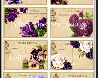 Purple floral Post Cards Digital Images printable download file for Cards and Tags and Crafts Polly's Paper Studio 8 Images