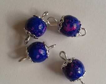 5 beads 8mm Blue Navy/fuchsia glass connectors