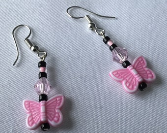 Pink bead butterfly earrings