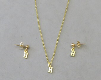Tiny Initial H Necklace and Earring Set - Gold or Silver Plated
