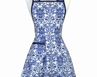 Womens Vintage Apron - Navy Blue Damask Apron - Cute Retro 50s Style Kitchen Apron with Pocket - Over the Head Apron