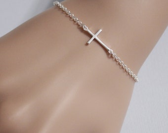 Sideways Cross Bracelet, Sterling Silver Sideways Cross Bracelet, Sideways Cross, Baptism Gift Girl , Confirmation Gift, Gift for Her