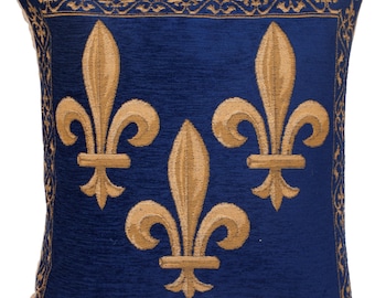 Fleur de Lis Pillow Cover - Fleur de Lis Gift - French Decor Pillow Cover - Blue Chenille Pillow - 18x18 Belgian Tapestry Pillow