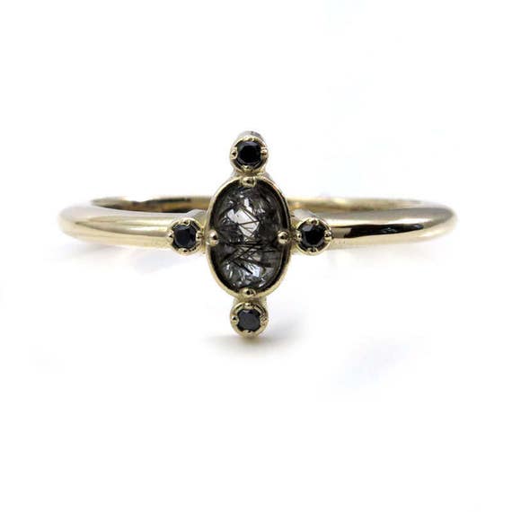 Black Rutile Quartz Tiny Compass Ring with Black Diamonds - 14k Yellow, Rose or White Gold