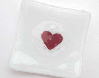 Red copper heart trinket dish, shallow glass bowl, coin dish, tealight holder, change tray, cloakroom soap dish, guest bathroom, Mothers Day