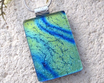 Blue Green Gold Necklace, Dichroic Glass Jewelry, Dichroic Necklace, Fused Glass Jewelry, Fused Glass Pendant, Glass Necklace, 100916p100