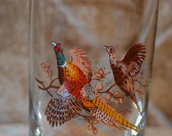 Vintage Princess House Martini Pitcher & Glass Stir Stick~Excellent Graphics~Pheasants~Birds