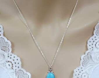 Genuine Sleeping Beauty Turquoise Necklace, 16x12 Turquoise, Blue Turquoise Pendant, Sterling Silver, December Birthstone, Turquoise Jewelry