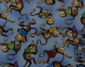 Fuzzy Tails ABC & 123 Lisa McCue Monkeys on Blue 100% cotton fabric 42" - 44" wide SSI