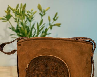 Vintage tooled leather shoulder bag