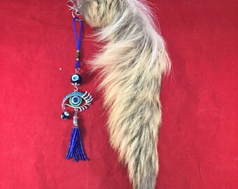 1 SALE lg Beautiful taxidermy Real Coyote tail key chain w/ All Seeing Eye & rhinestone charms! animal fur tail