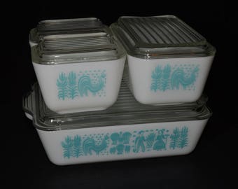 PYREX, Amish Butterprint, Full set, Butterprint, Fridgies with lids, Vintage Pyrex Set, 1950s, Pyrex Refrigerator Set, 501, 502, 503, 8 pc