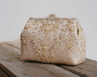 New Alencon Lace Silk Gold Purse / Wedding Bag / Bridesmaid Clutch / Glam Bridal Clutch / Evening Clutch / Formal Party Purse / Gatsby