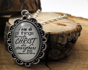 Pendant necklace Philippians 4:13 I can do all things through Christ who strengthens me Vintage style Christian Pendant & Chain Hymn Drop