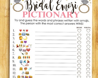Bridal Shower Game Pictionary - EMOJI Pictionary - Coral and Gold - Instant Printable Digital Download - diy Bridal Shower Printables