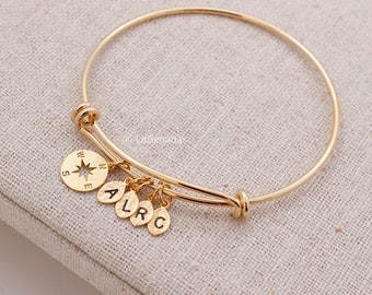 compass bracelet, Personalized bracelet, gold Bangle, initial Bangle, leaf initial, compass bangle