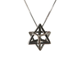 Merkaba Necklace Sterling Silver Pendant Sacred geometry Kabbalah Jewelry Star of David 3d Seed of life Handmade Free delivery