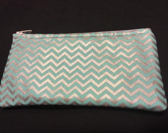 Silver on Baby Blue Horizontal Chevron Pencil Case / Zipper Pouch #204