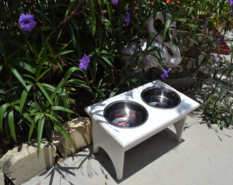 DOG FEEDER, Raised Wood Table, White, Elevated 9", Medium Size Dog, w/ 2 One Quart Heavy Duty Lifetime Stainless Bowls/Dishes