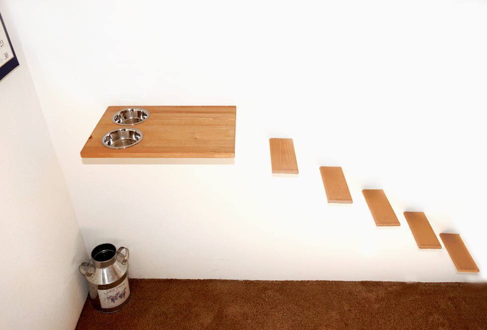 Combo Set Wall Mounted Cat Food Station & 5 Wood Cat Steps