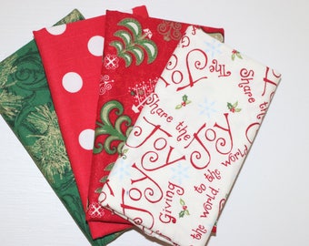 Christmas - 4 Fat Quarters - red, green, gold - cotton fabric