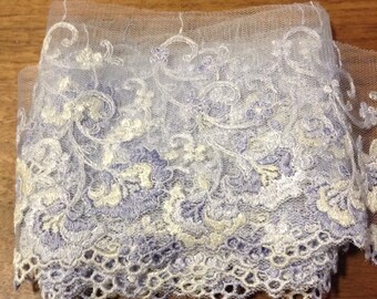 1 meter baby purple blue and off white floral embroidered mesh tulle lace trim scalloped 9cm width