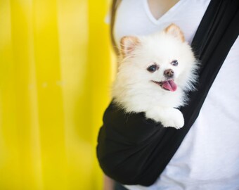 Dog Sling Carrier in Black Sateen- Super convenient to carry your puppy or dog up to 20 pounds -with safety clip and pocket