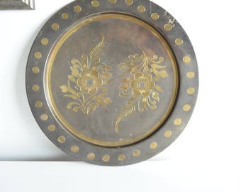 Round Brass Tray - Brass Inlay Platter - Chinoiserie Brass Tray - Brass Floral Inlay Tray - Brass Inset Serving Tray - Vintage Brass Tray