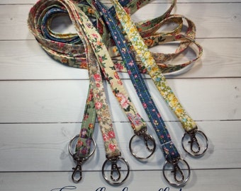 Skinny floral Lanyard ID Badge Holder - Lobster clasp and key ring New Thinner Design - vintage inspired flowers tiny flower