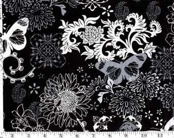 1 Yard, David Textiles Gray Flowers and Birds on Black
